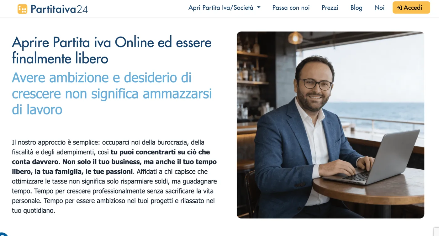 Pagina di Partitaiva24 sull'apertura della partita IVA online