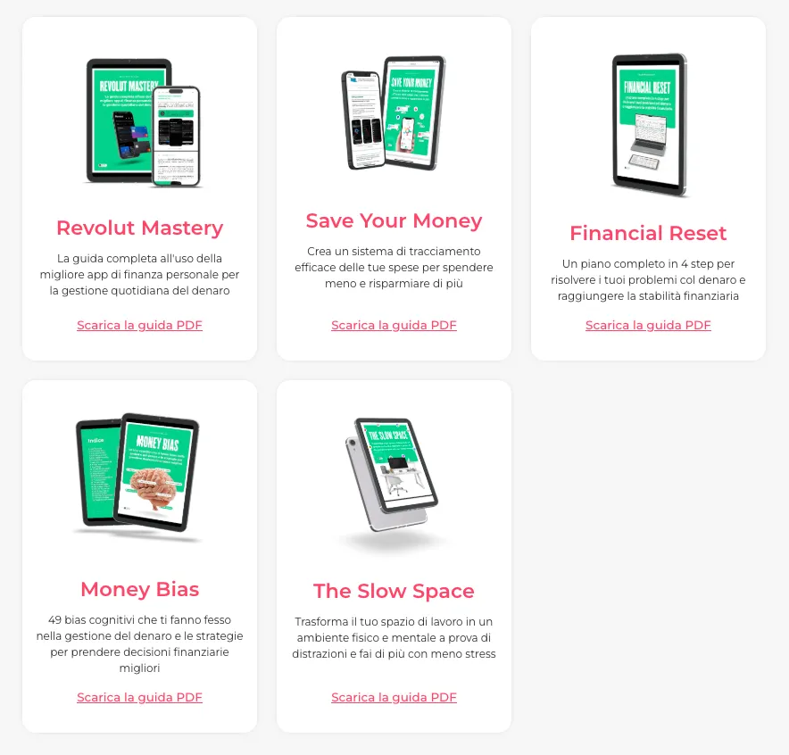 Le guide PDF gratuite di Disciplina Finanziaria: Revolut Mastery, Save Your Money, Financial Reset, Money Bias, The Slow Space