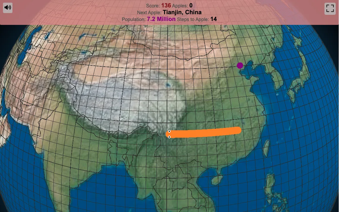 Schermata di un gioco con il mappamondo e il percorso verso Tianjin, in Cina