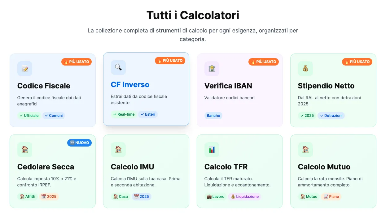 Raccolta di calcolatori online: codice fiscale, IBAN, stipendio netto, IMU, TFR, mutuo