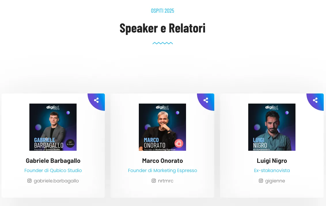 Pagina speaker e relatori 2025 con Gabriele Barbagallo, Marco Onorato e Luigi Nigro