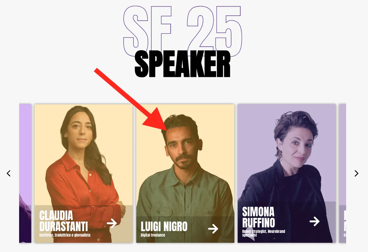 Pagina degli speaker dello Storytelling Festival 2025 con una freccia su Luigi Nigro
