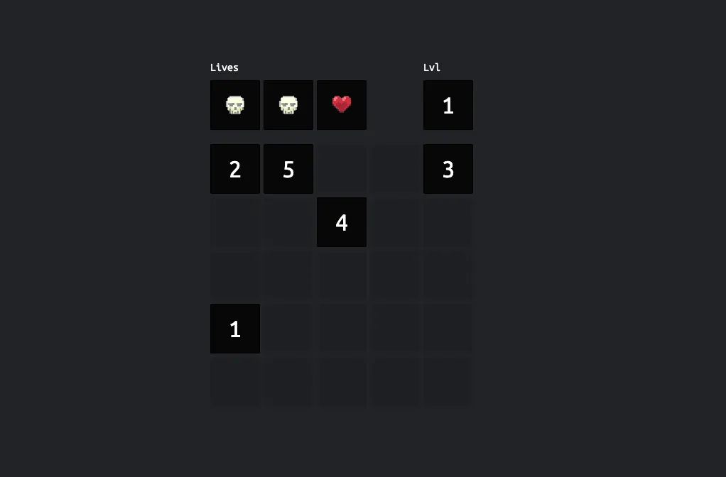 Schermata di un gioco a griglia con vite e livelli