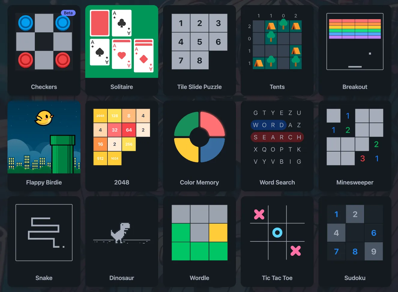 Raccolta di giochi online come Solitaire, Snake, 2048, Wordle e Sudoku