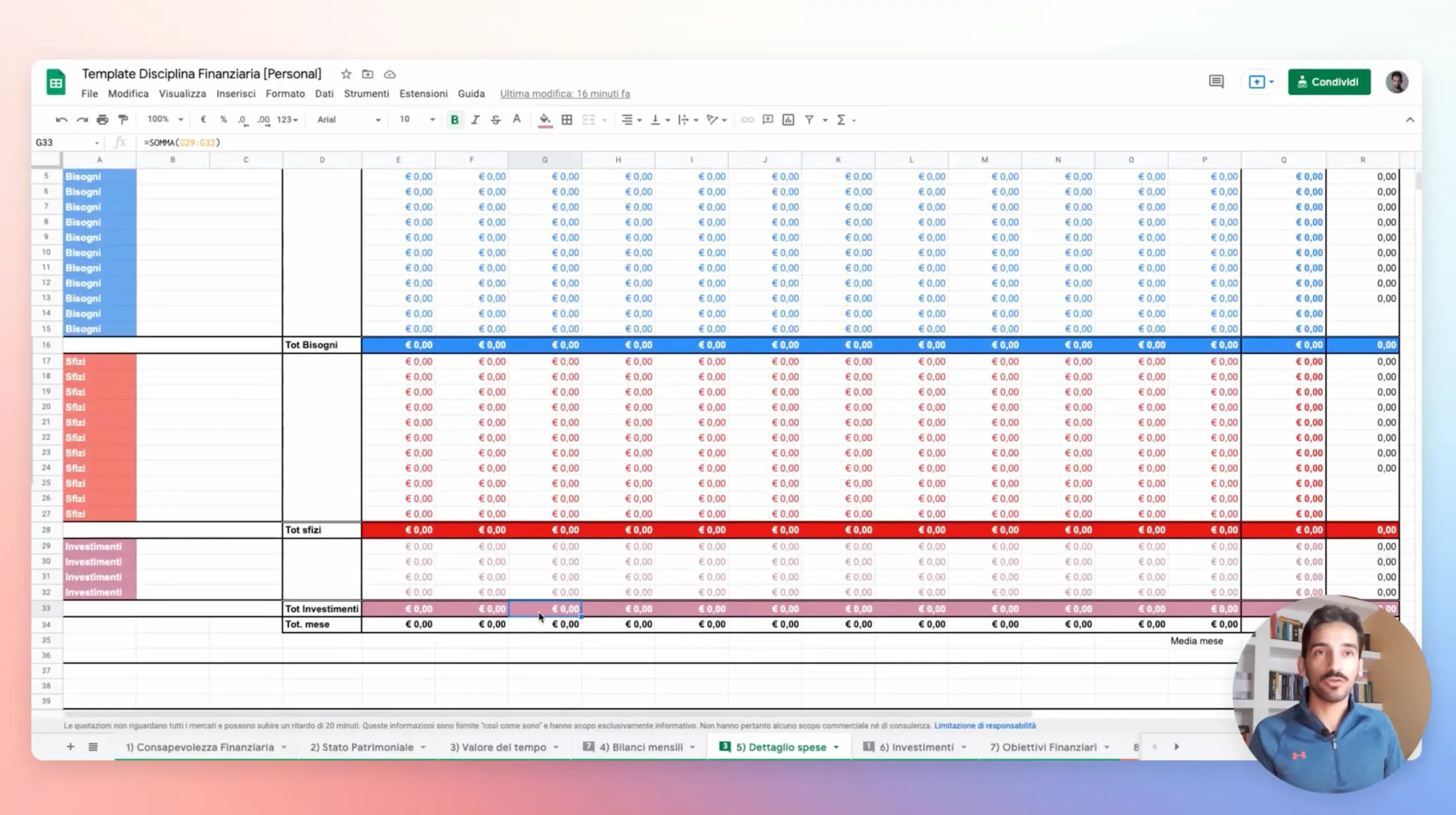 Template Google Sheets usato in una lezione